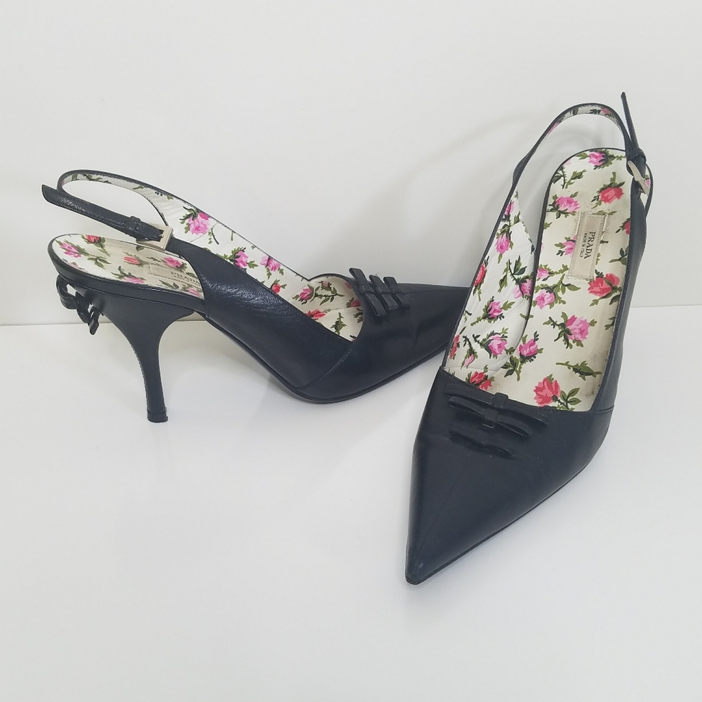 Prada Black Leather Slingback Heels with Floral Lining